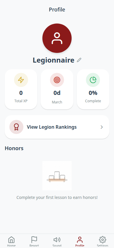User profile with XP, streak, and honors